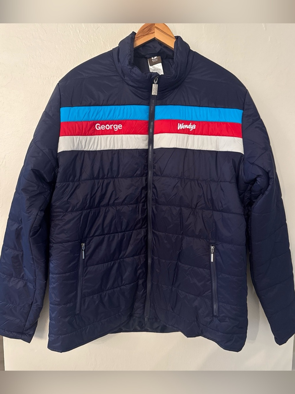 Wendys Employee Uniform Puffer Jacket Barco Navy Blue Retro Stripe Mens Large